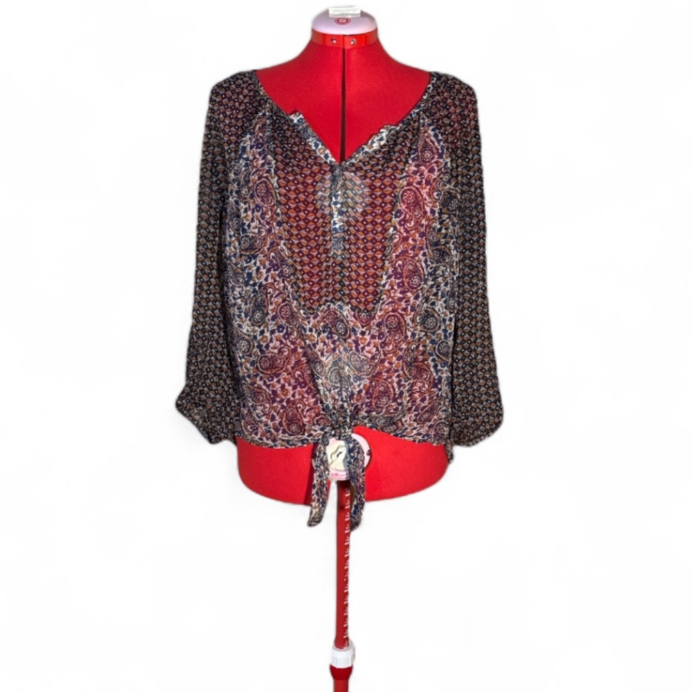2/$30 Lucky Brand Sheer Patterned Peasant Blouse with Front Tie Size Medium